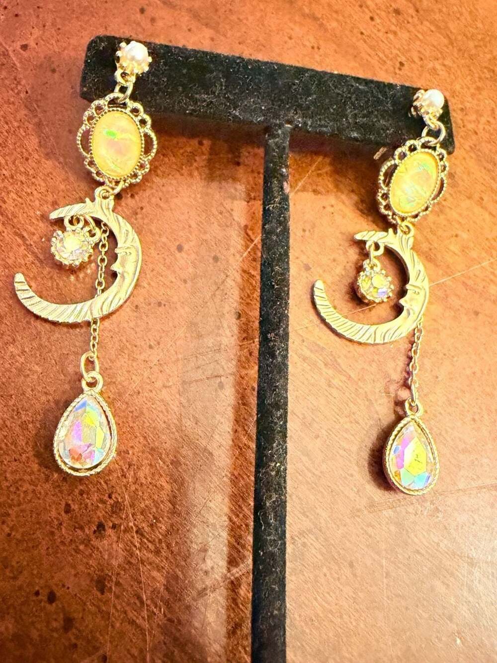 Celestial Gold Tone Crescent Moon and Iridescent Teardrop Dangle Earrings